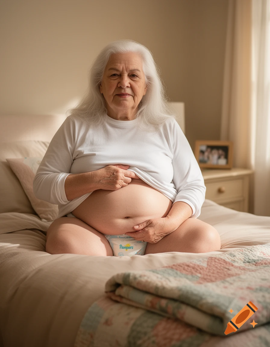 An elderly woman with white hair sits on a bed, lifting her white shirt to show her belly and a Pampers diaper.