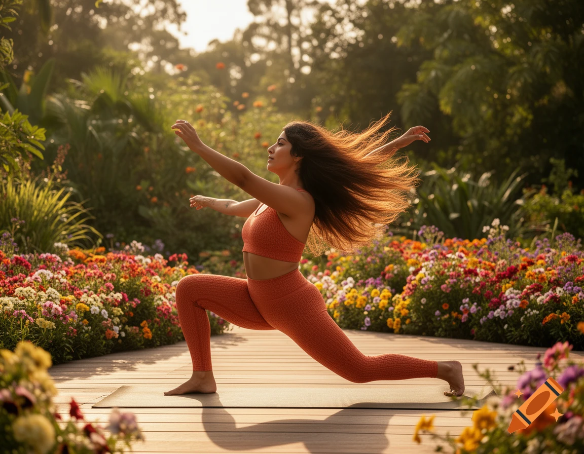 A woman in orange athletic wear performs a yoga lunge pose on a wooden deck in a lush, sunny garden filled with colorful flowers.
