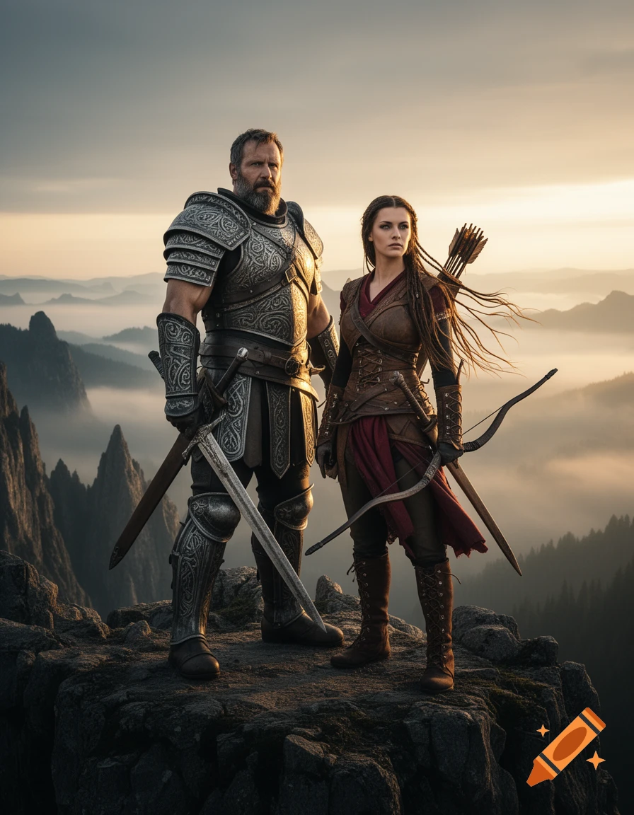 A male knight and a female archer stand on a rocky cliff overlooking a misty mountain range at sunset.