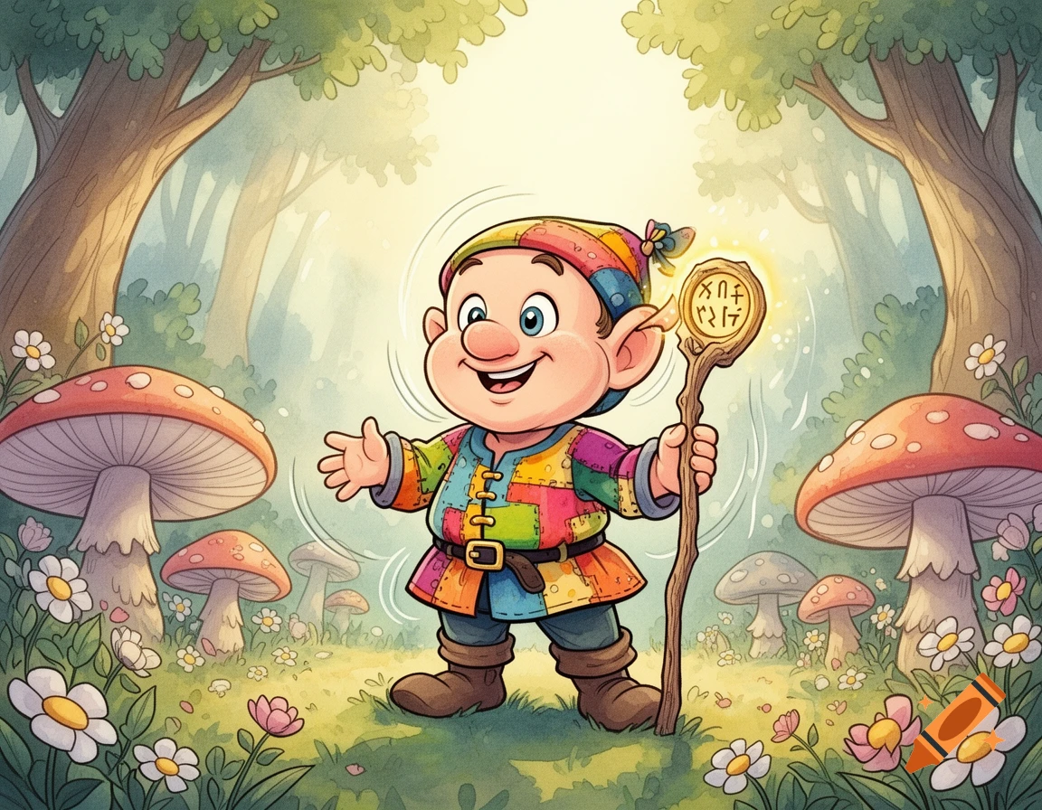 A cheerful, childlike cartoon dwarf in a colorful patched outfit stands in a bright forest with large mushrooms and flowers, holding a glowing magical staff.