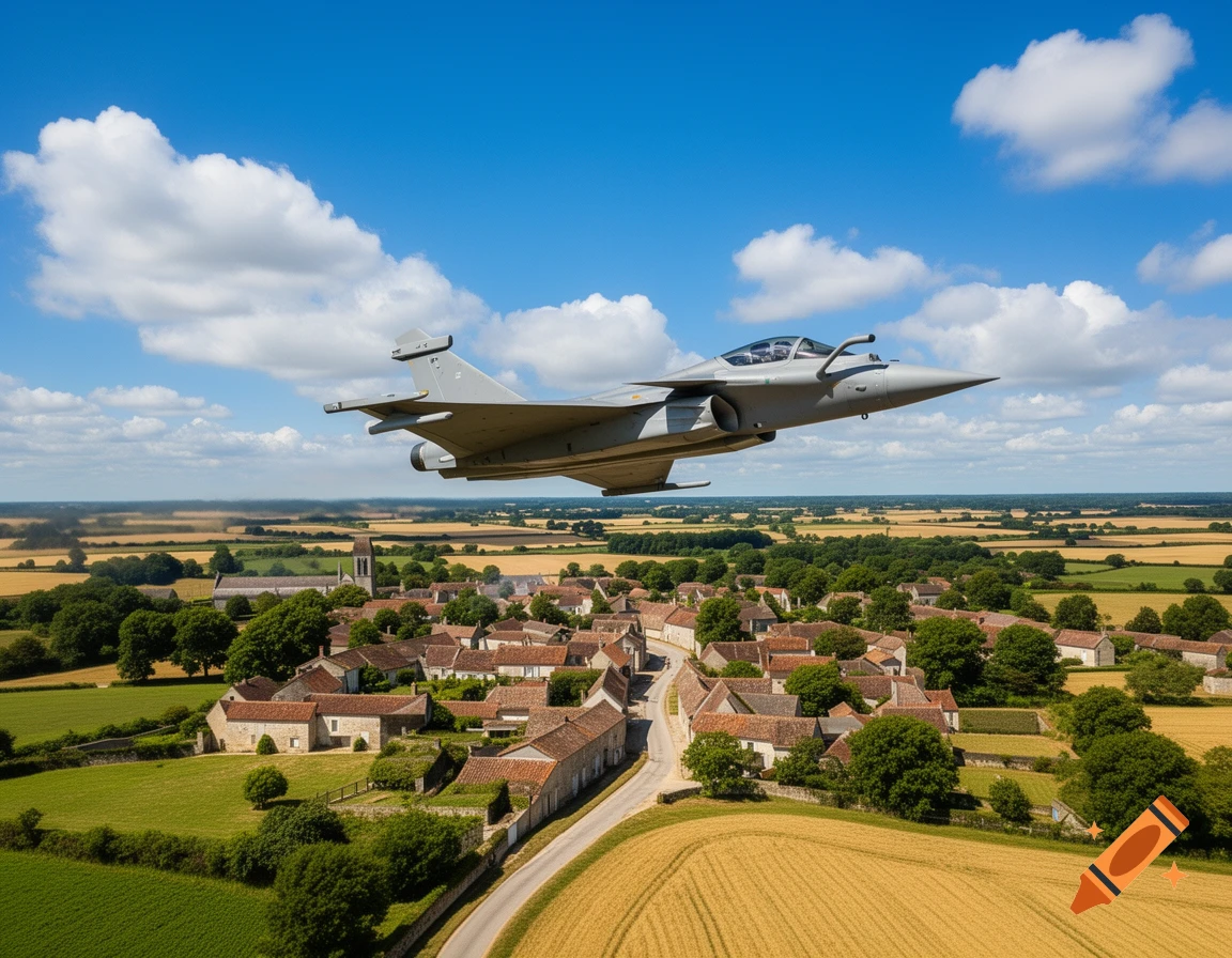 A grey Rafale fighter jet flies low over a picturesque French village and golden fields under a bright blue sky.