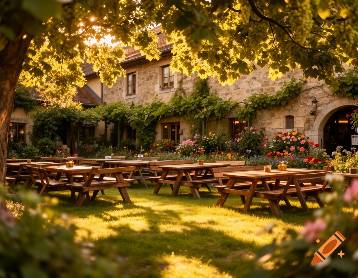 Idyllic outdoor restaurant patio with picnic tables under a tree, surrounded by a stone building covered in flowers and vines, bathed in golden sunlight.
