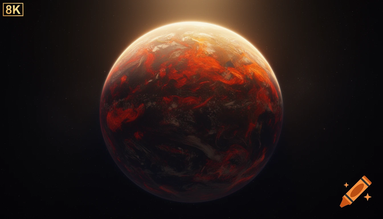 A vibrant, photorealistic planet glows with red and orange heat, its atmosphere illuminated by sunlight in dark space.