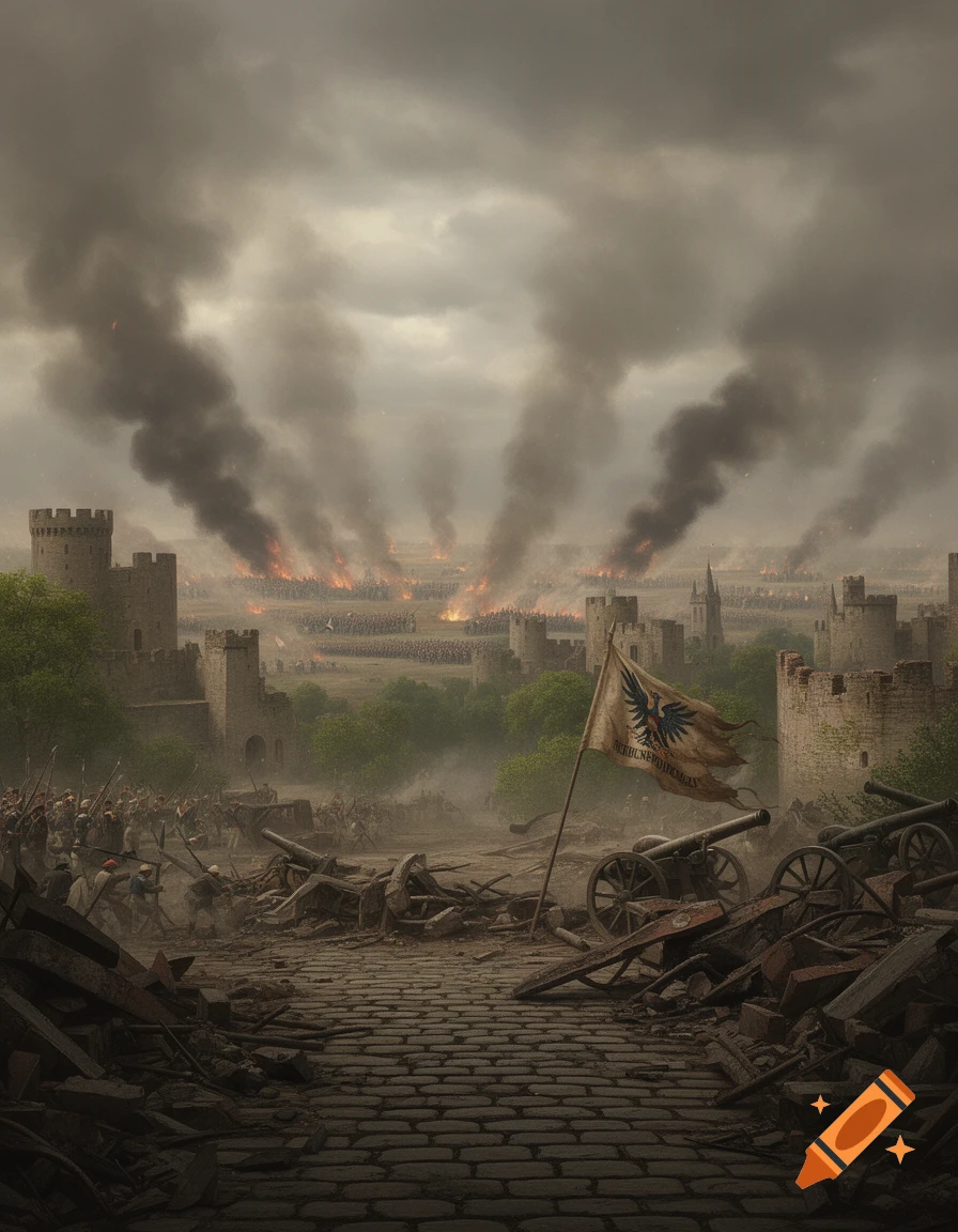 A dramatic painting of a battlefield during the Napoleonic Wars. Smoke rises from burning fields, a cobblestone path is strewn with debris, and cannons lie in the foreground. Castles and armies are visible in the distance under a cloudy sky.