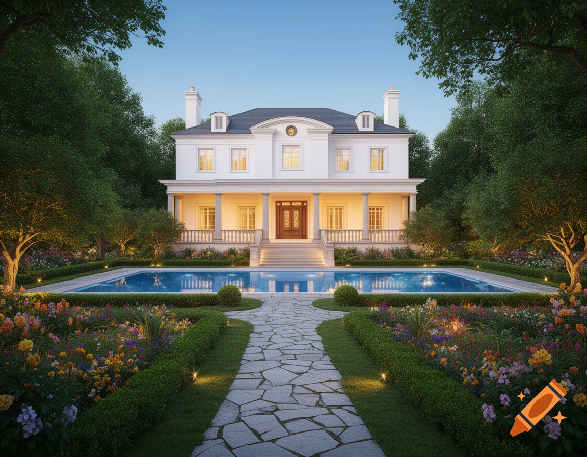 A grand white mansion with a large swimming pool, a stone path, and lush gardens with yellow accent lighting.