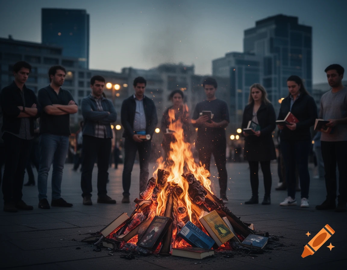 A group of people stand around a bonfire of burning books in an urban setting at dusk, some holding books.