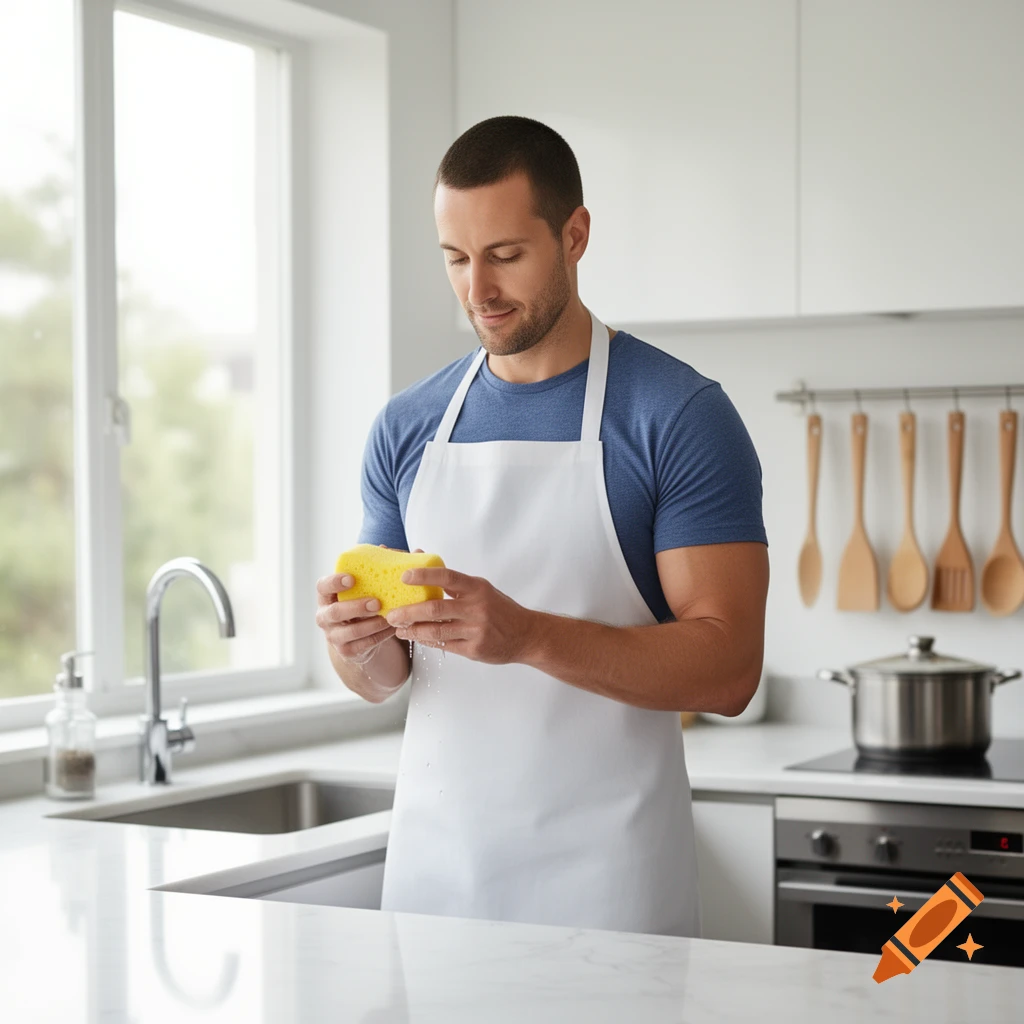 A man in a blue t-shirt and white apron holds a yellow sponge dripping water in a modern kitchen.