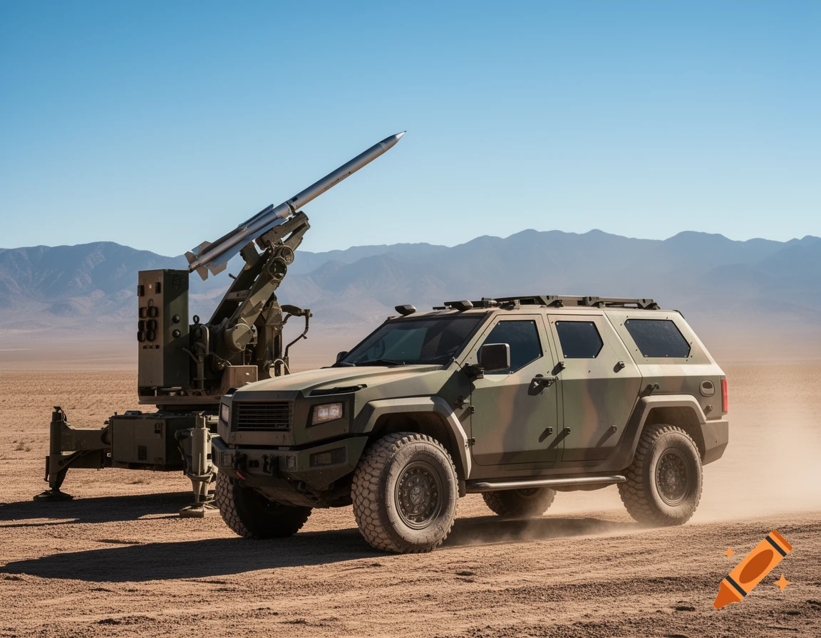 A military armored SUV and a guided missile launch station stand in a vast desert landscape under a clear blue sky.