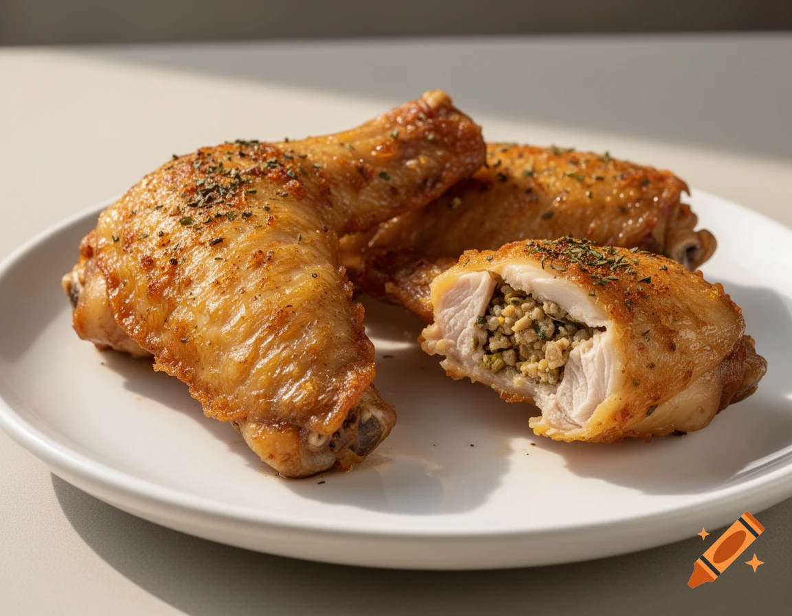 Three seasoned, stuffed chicken wings on a white plate, with one cut open to show the filling.