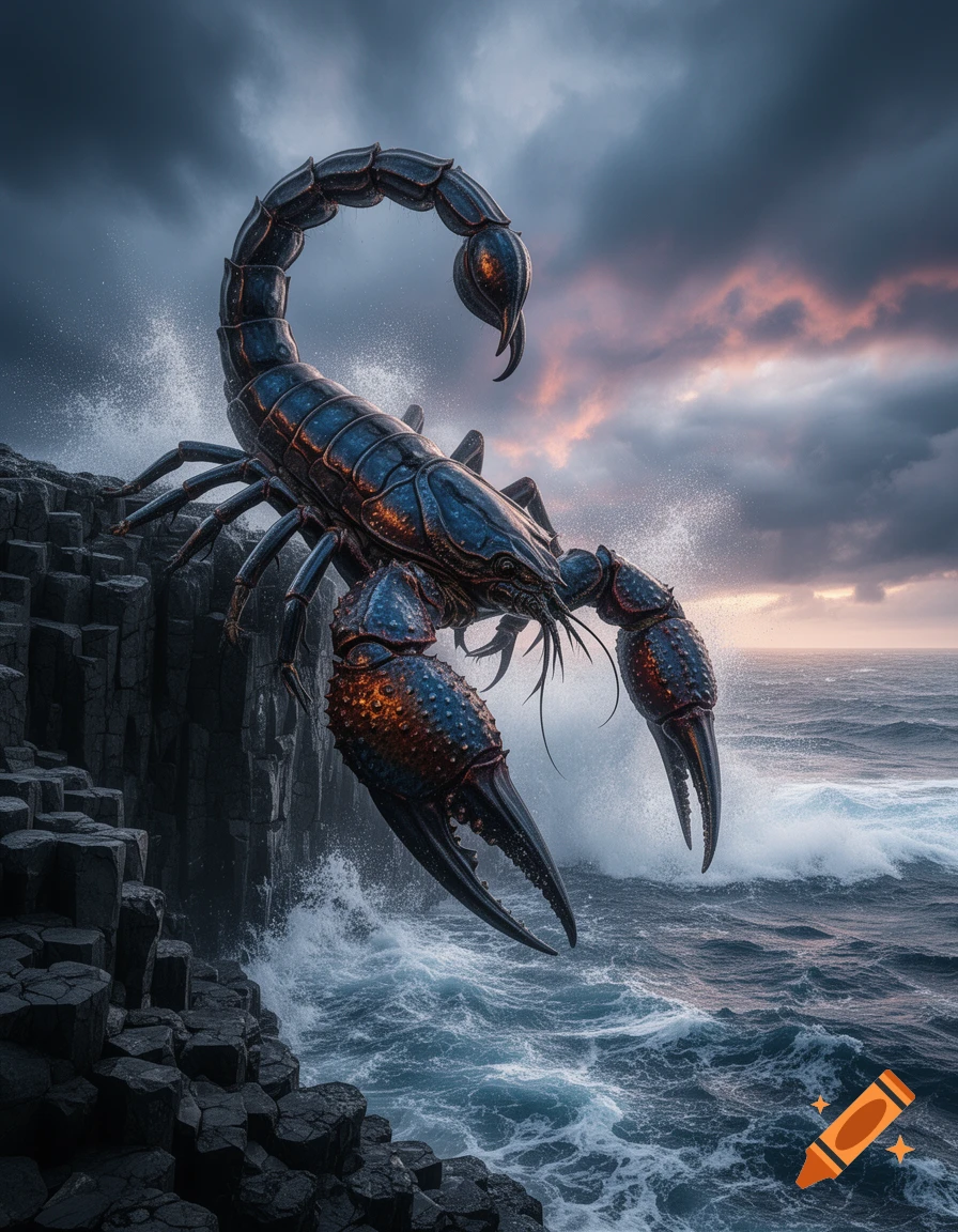 A giant, metallic scorpion-crab perches on dark, jagged cliffs overlooking a stormy ocean under a dramatic cloudy sky.