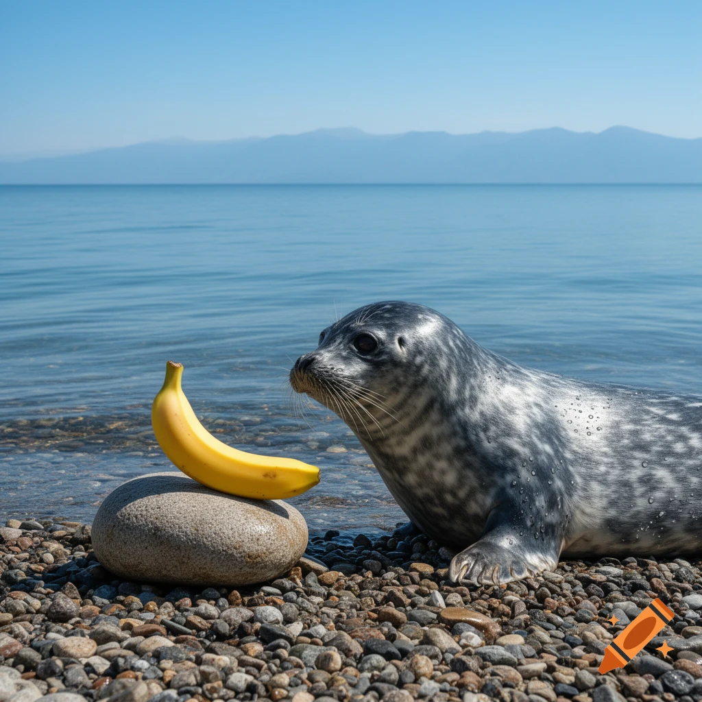 A Baikal seal on a rocky shore looks at a banana resting on a smooth rock by the calm blue water with distant mountains.