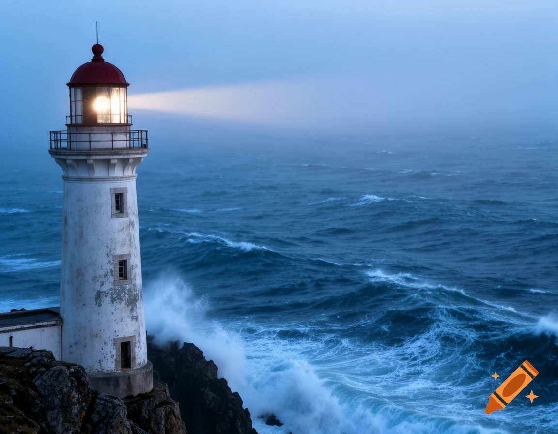 White lighthouse with a red roof illuminates a stormy blue sea with crashing waves and distant mist.