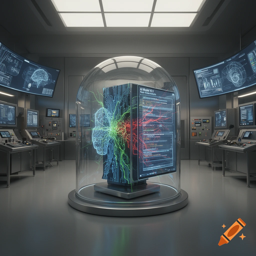 A futuristic laboratory features a central AI model in a glass dome, surrounded by control panels and screens displaying complex data.