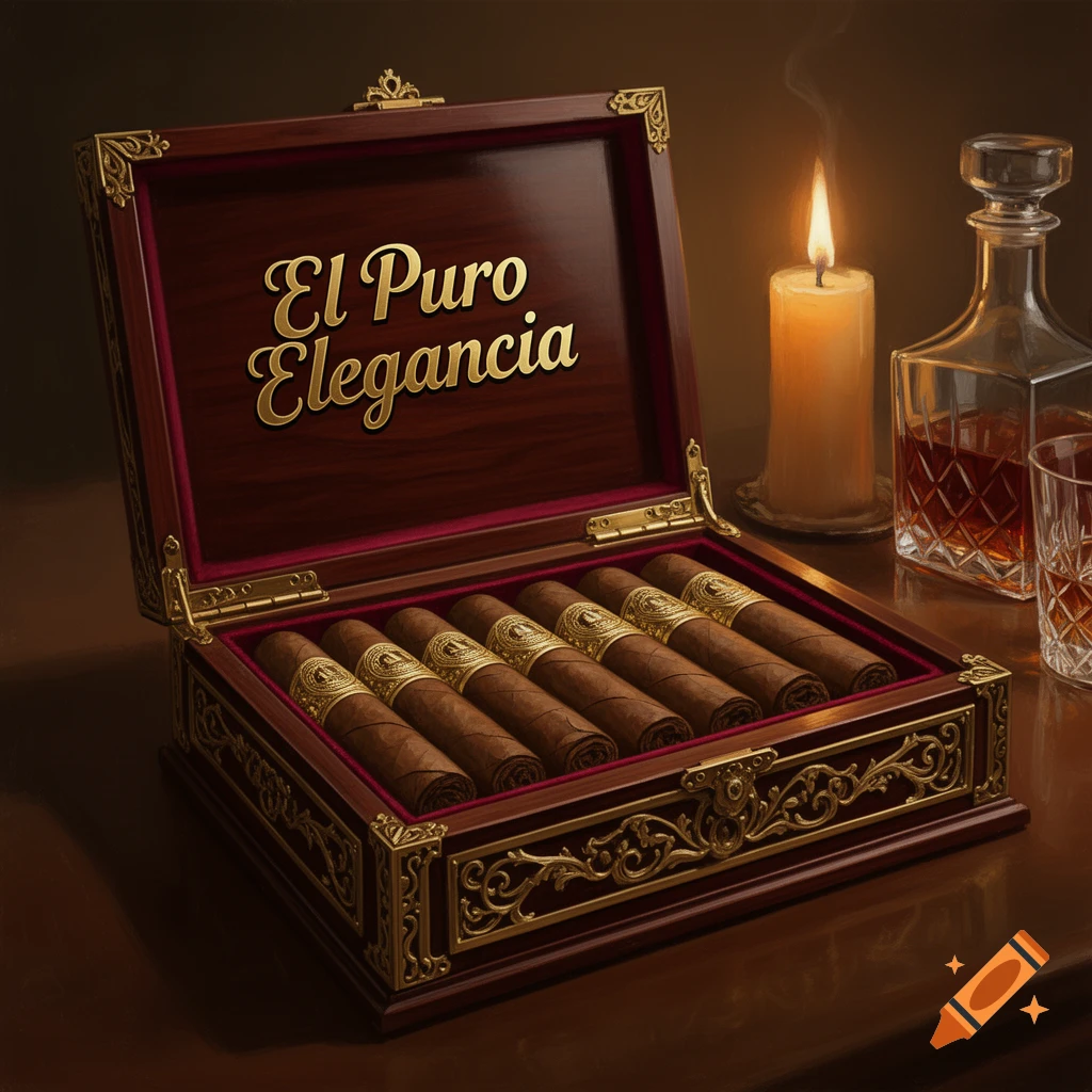 An open ornate wooden cigar box with "El Puro Elegancia" on the lid, filled with cigars, next to a lit candle and a decanter with whiskey.