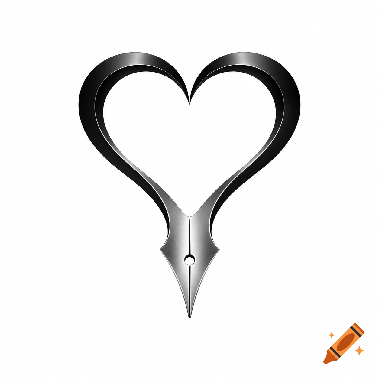 Minimalist black and silver metallic heart symbol that transitions into a fountain pen nib, on a white background.