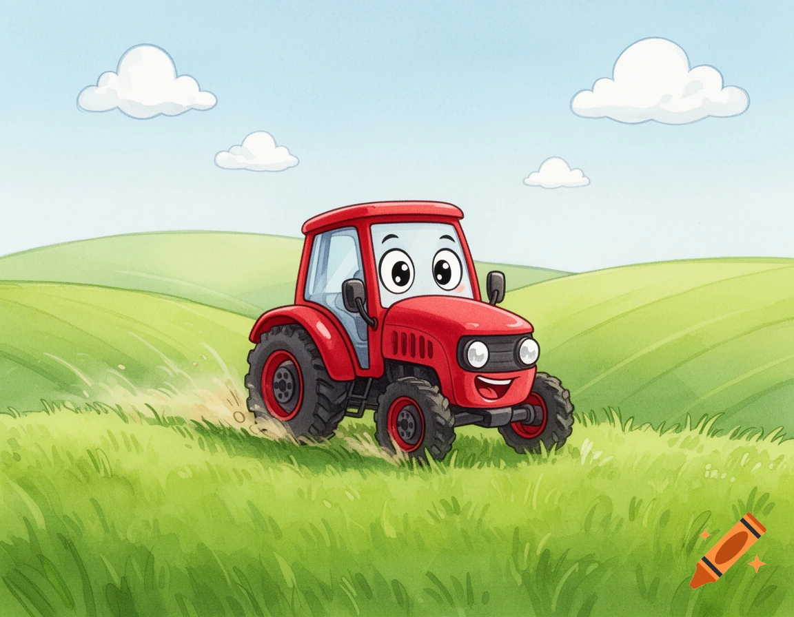 Cute smiling red tractor driving through a vibrant green field under a blue sky with clouds, in a children's book watercolor illustration style.