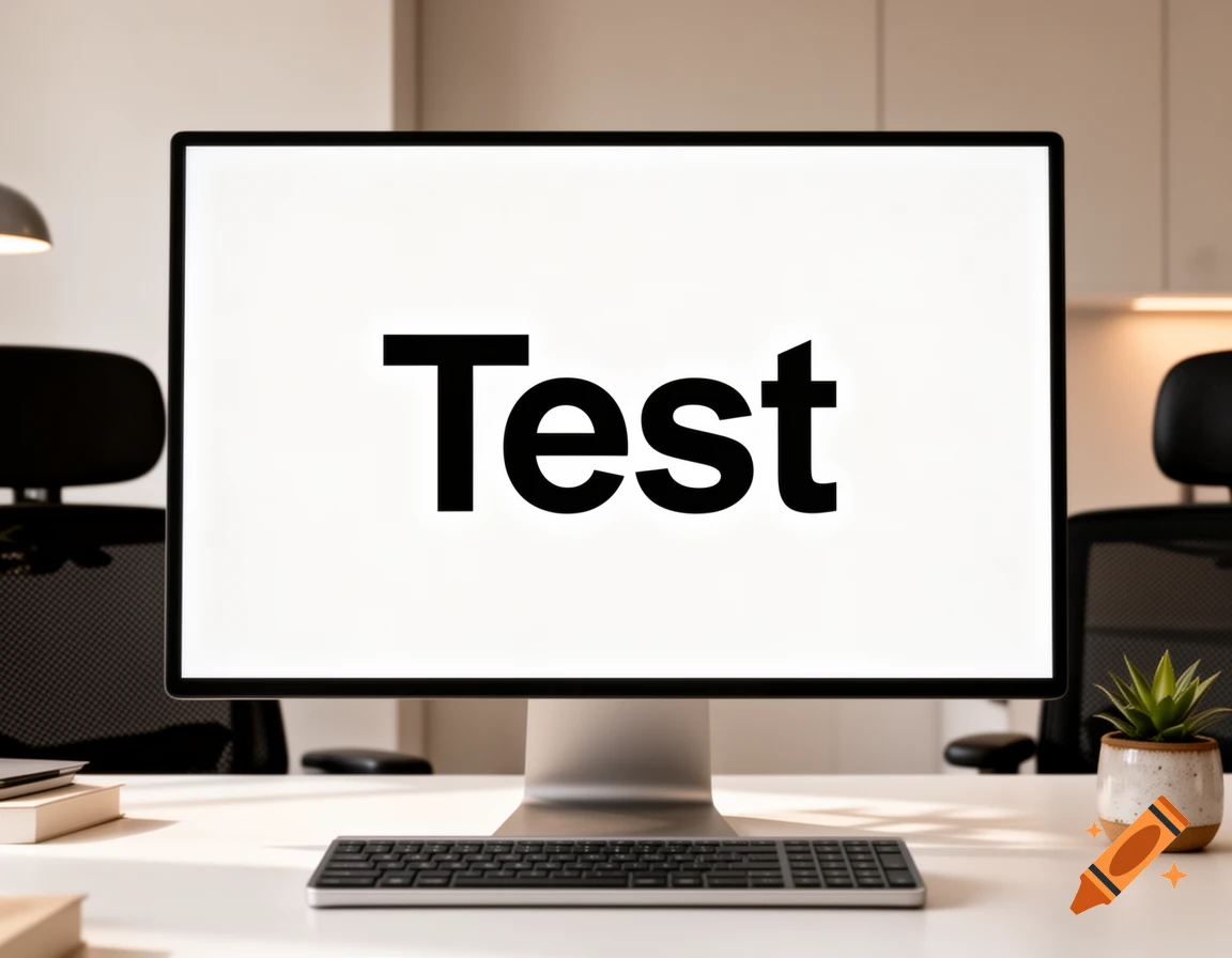 A computer monitor displaying the word "Test" on a white screen, on an office desk with a keyboard and plant.