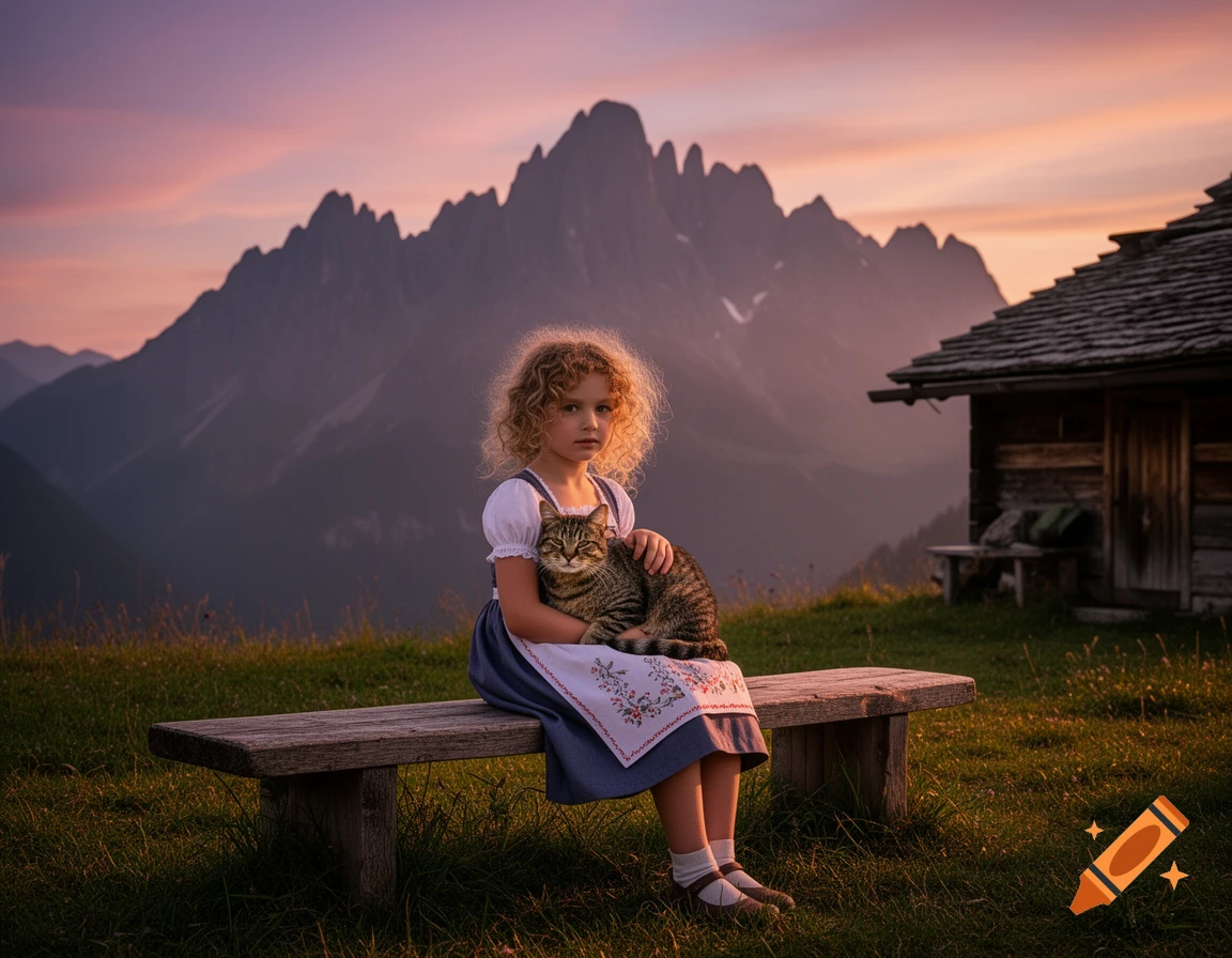 A curly-haired girl in traditional dress holds a tabby cat on a bench, with a mountain range and a wooden hut at sunset.