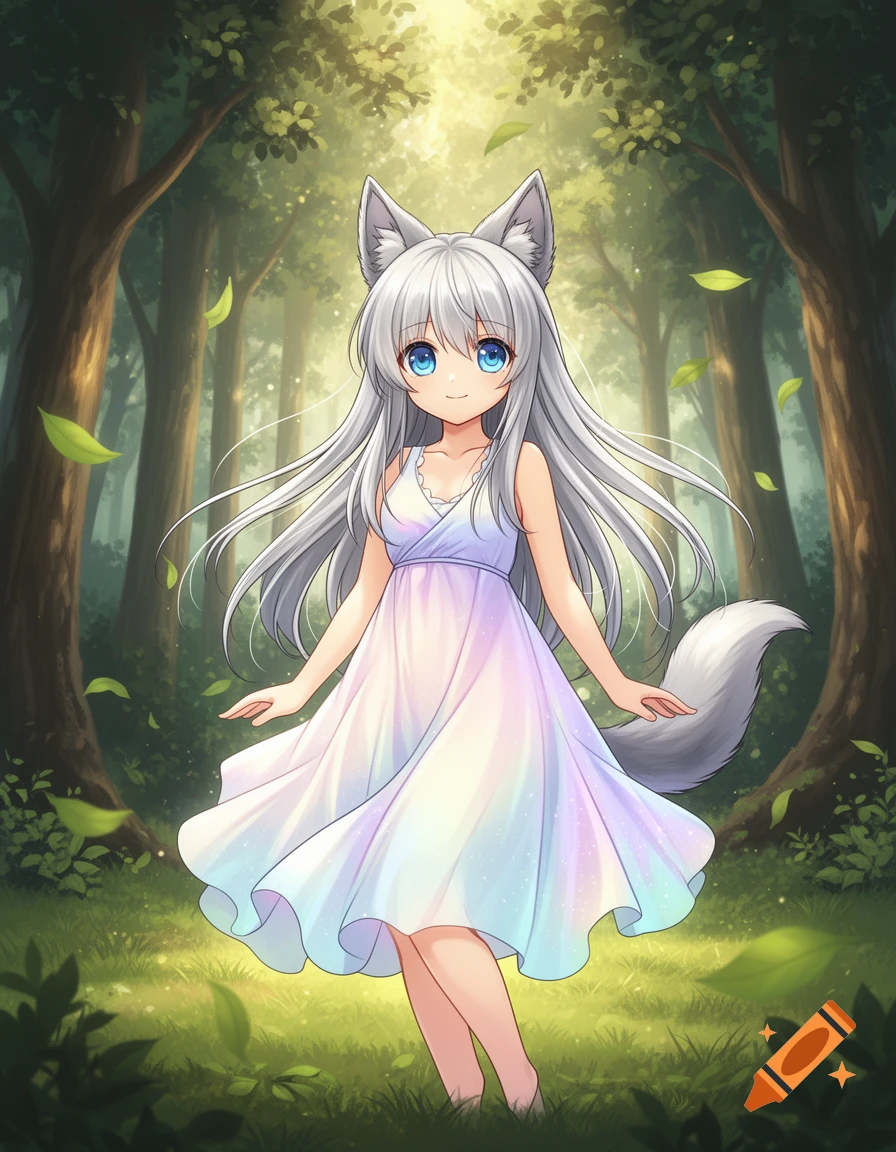 An anime girl with long silver hair, wolf ears, and a fluffy tail, wearing a pastel dress, stands in a sunlit forest.