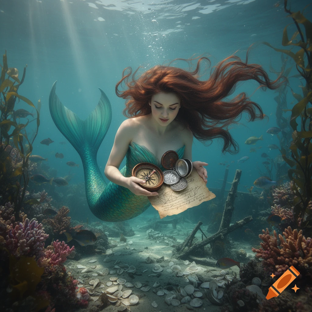 A photorealistic mermaid with flowing red hair swims underwater, holding a compass and an old map amidst coral and sunken artifacts.