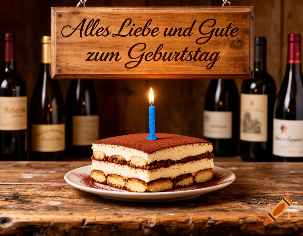 A slice of tiramisu with a lit blue candle on a rustic wooden table, below a sign reading "Alles Liebe und Gute zum Geburtstag" and wine bottles.