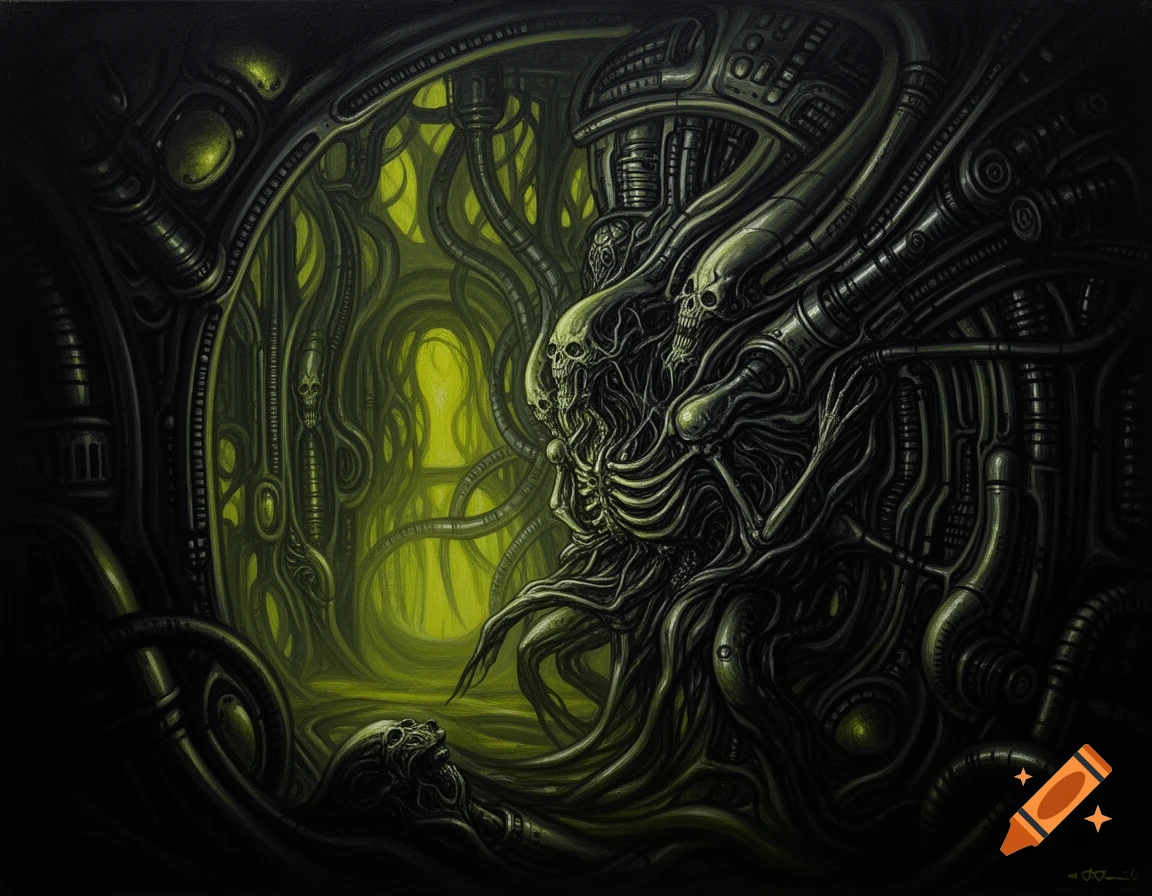 A macabre biomechanical landscape in H.R. Giger's style, with skeletal figures and organic pipes under eerie green light.