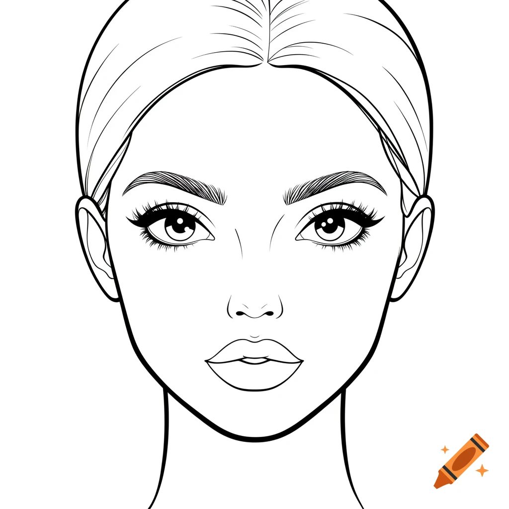 Line art drawing of a stylized woman's face with big expressive eyes and full lips, on a white background, in a coloring book style.