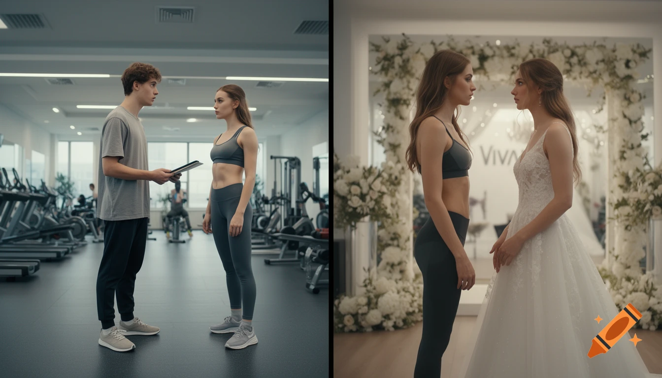 Diptych: a man and woman in a gym, and a woman in athletic wear facing another in a wedding dress in a bridal shop.