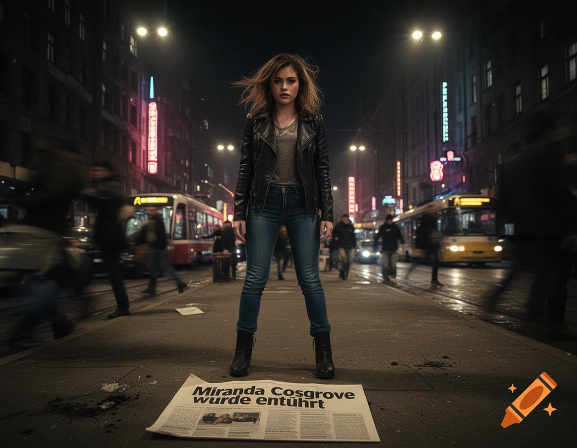 A young woman stands on a dark city street at night, looking at the viewer. A newspaper with 'Miranda Cosgrove was kidnapped' lies at her feet.
