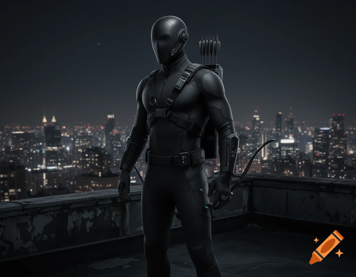 A black-clad masked vigilante with a bow and quiver stands on a city rooftop at night, cityscape in the background.