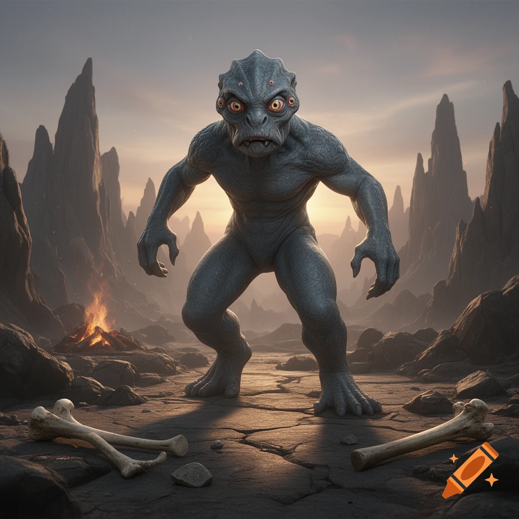 A grey, muscular reptilian-like bipedal creature with multiple orange eyes stands in a barren, rocky landscape with jagged peaks and a small fire.