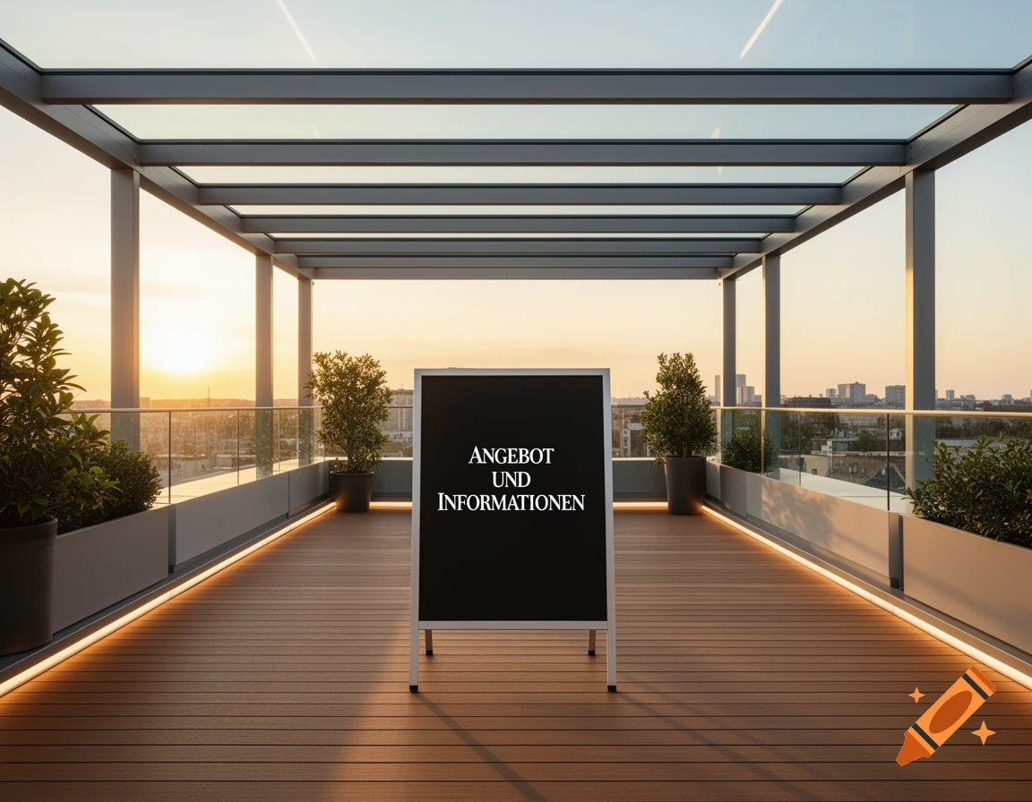 A modern rooftop terrace with a glass pergola, wooden deck, potted plants, and a sign, overlooking a city skyline at sunset.