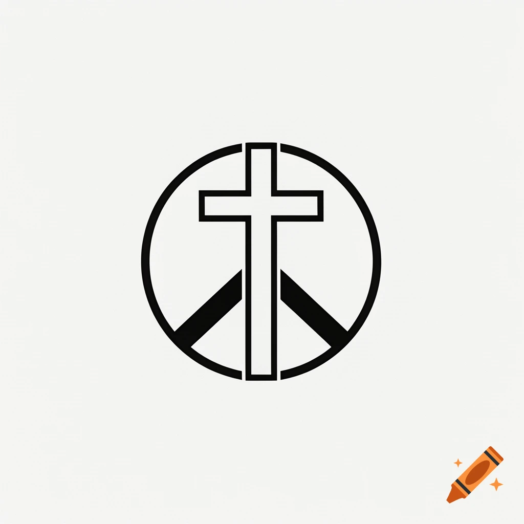 Black outline of a Christian cross merged within a peace symbol on a white background.