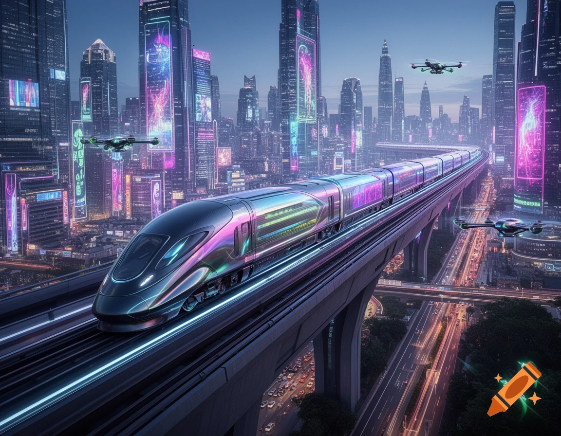 A sleek, futuristic train travels on an elevated track through a vibrant, neon-lit city at dusk, with flying drones.