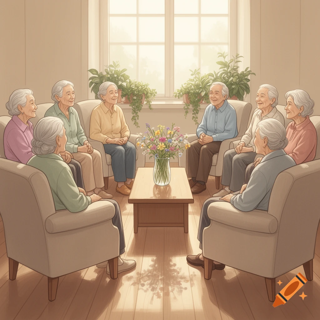 An illustration of eight elderly people conversing in a bright living room, seated in a circle around a coffee table with flowers.