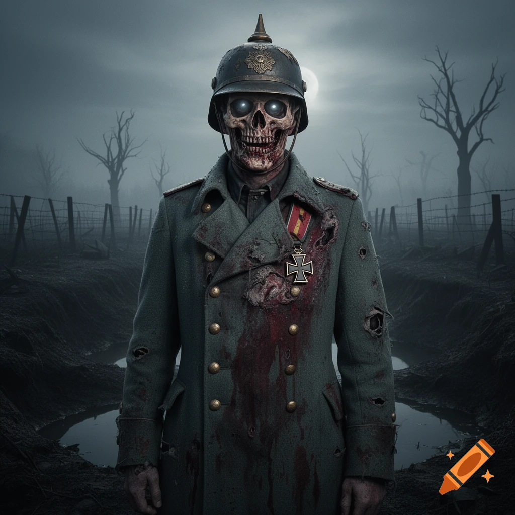 A skeletal WWI German zombie soldier with glowing eyes stands in a muddy, foggy battlefield under a full moon.