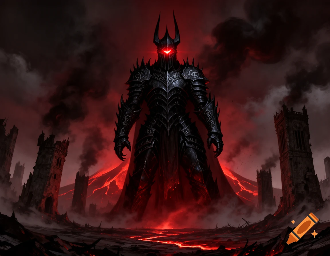 A towering dark lord in spiked black armor with glowing red eyes and a horned helmet stands in a volcanic landscape with lava and ruined towers.