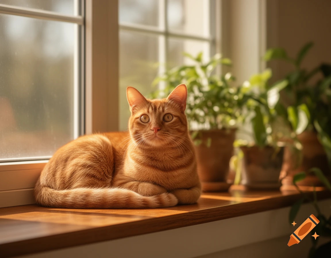 A photorealistic image of an orange tabby cat lying on a sunlit wooden windowsill, with potted plants in the background.