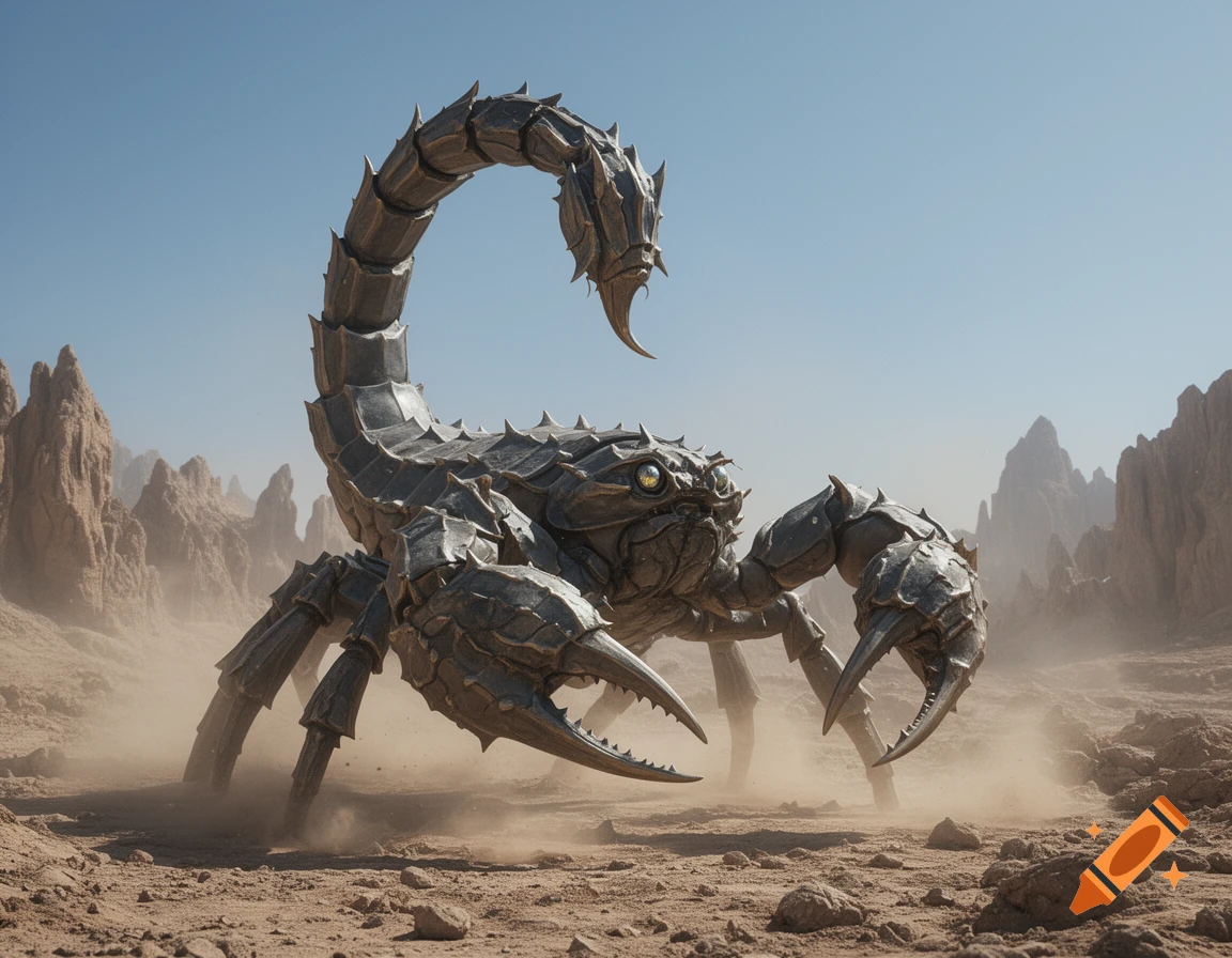A massive, highly detailed armored scorpion stands in a dusty desert landscape under a clear blue sky.