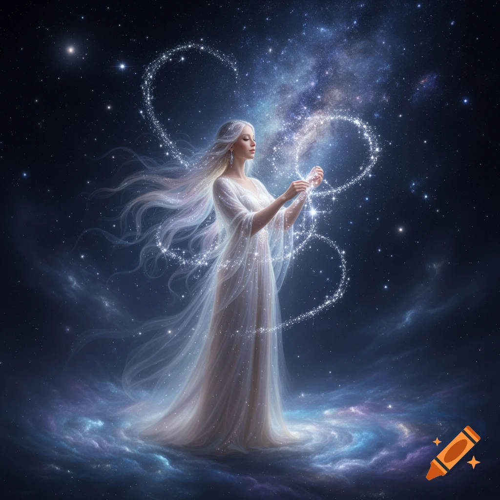 A celestial goddess with long flowing hair, wearing a white gown, lacing trails of sparkling stars in a cosmic nebula.