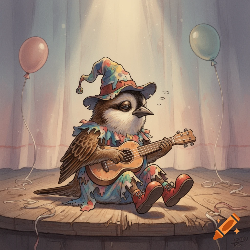A sad, cartoon-style sparrow wearing a colorful, worn clown outfit plays a ukulele on a wooden stage, flanked by two balloons.