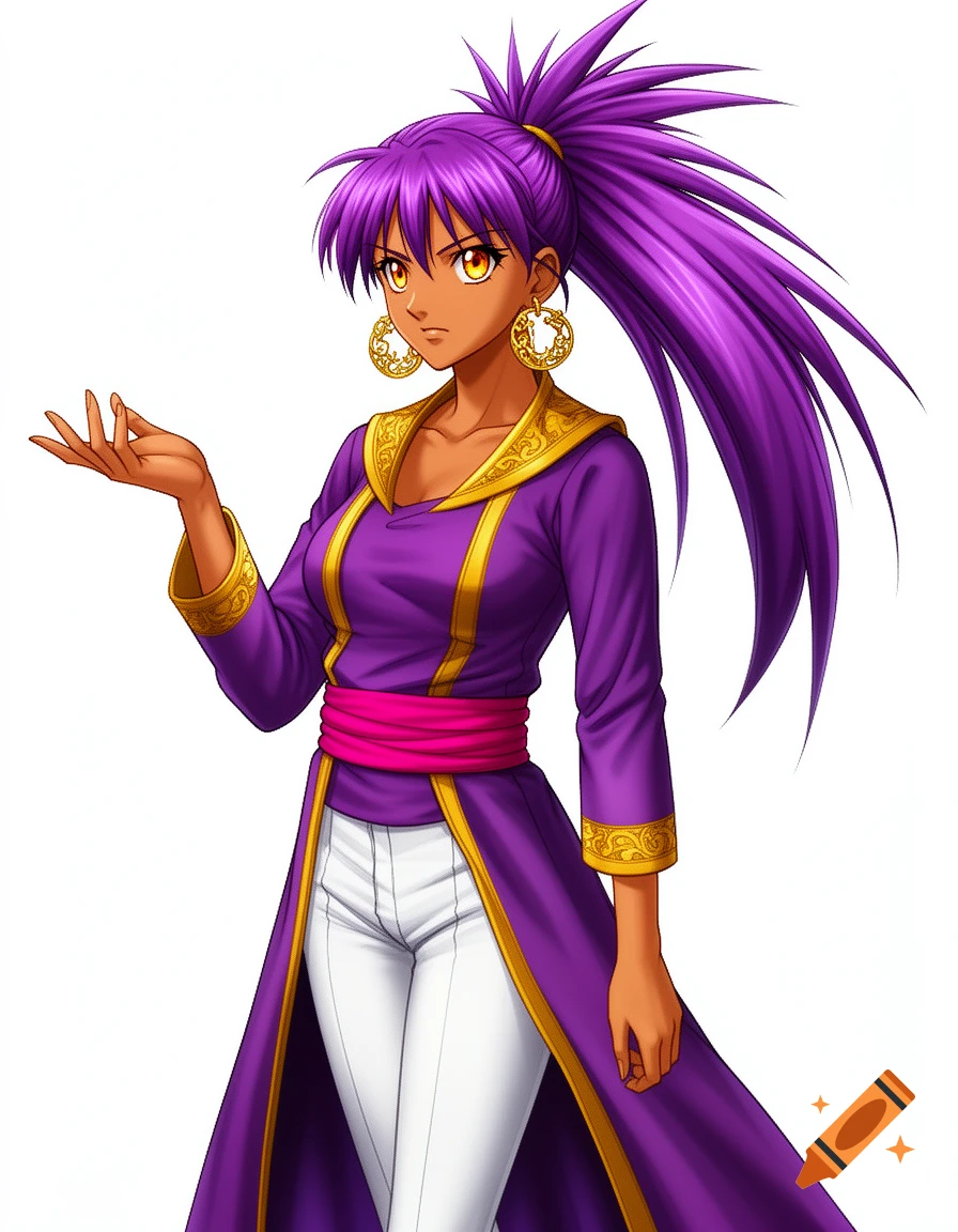 A regal anime woman with tan skin, spiky purple hair in a ponytail, amber eyes, wearing a purple and gold tunic over white pants, with one hand raised.