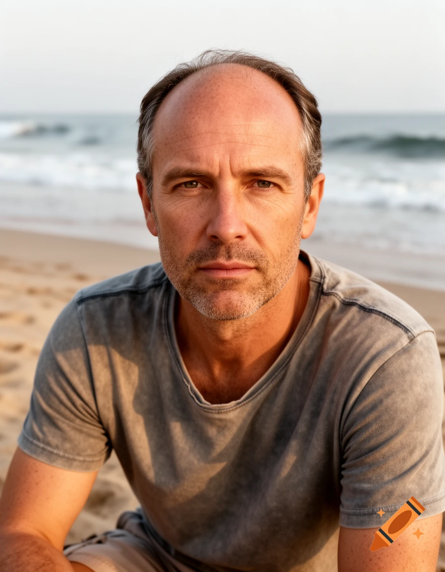 Photorealistic portrait of a middle-aged man with a receding hairline looking directly at the viewer on a sandy beach.