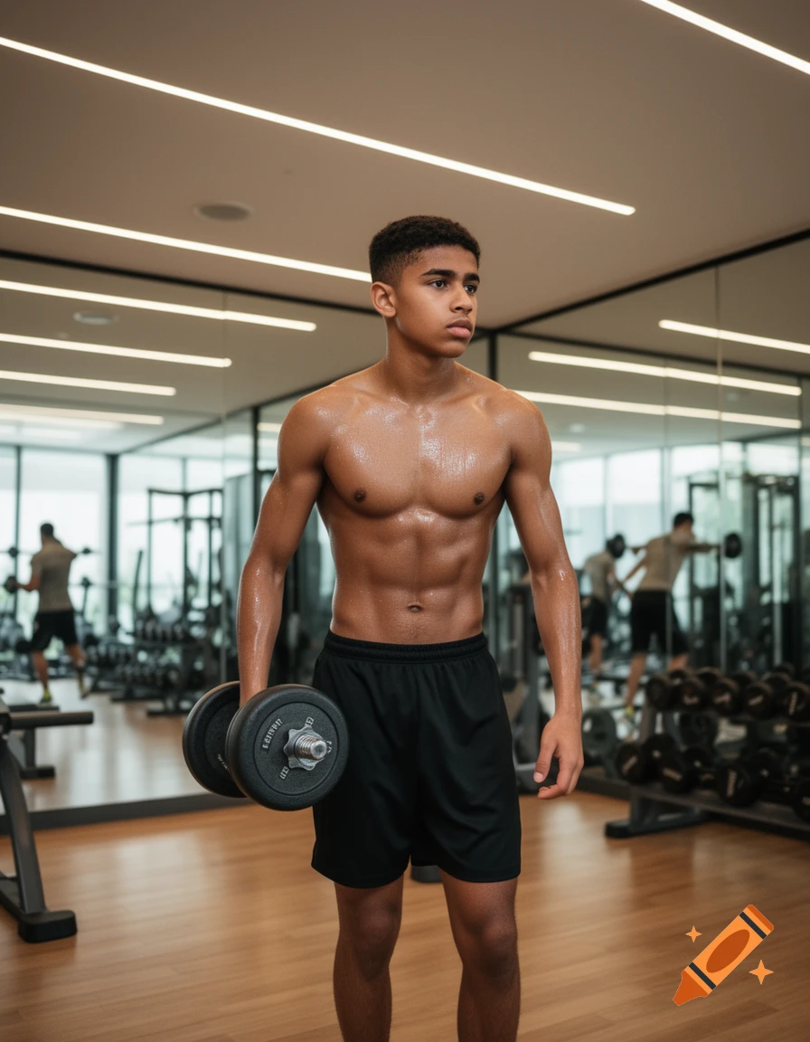 A shirtless, sweaty, muscular young man holds a dumbbell in a modern gym, looking focused.