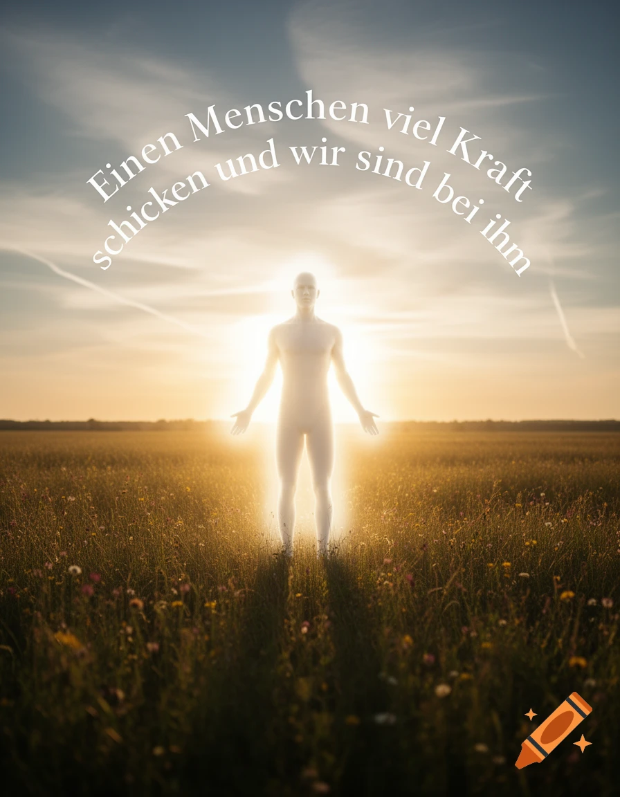 A glowing humanoid figure stands in a sunlit field with outstretched arms under a sky with German text.
