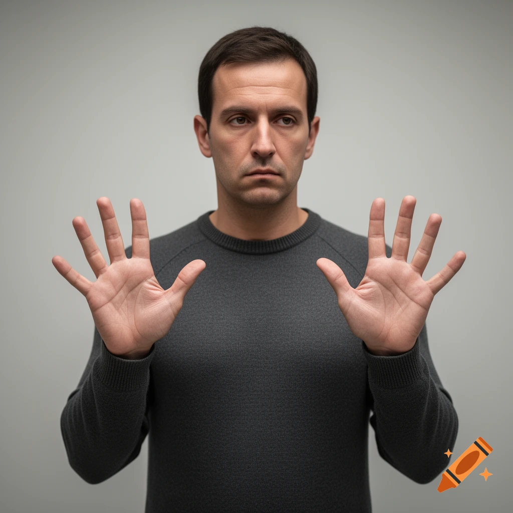 A man in a gray sweater holds up both hands, palms facing forward, as if saying "stop" or showing ten fingers against a light background.