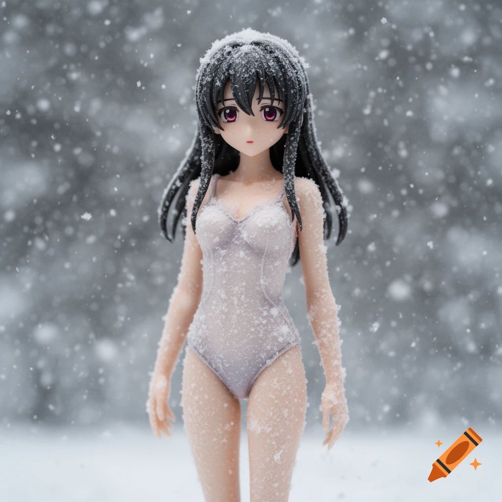 Anime figurine with dark hair and purple eyes, wearing a white leotard, covered in snow during a blizzard.