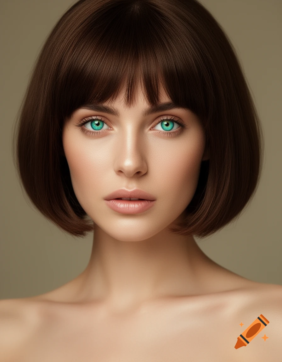 Close-up, photorealistic portrait of a woman with a brown bob, bangs, and striking turquoise green eyes.