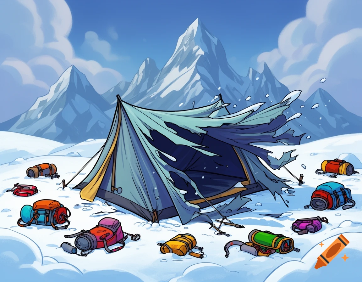 A cartoon illustration of a ripped blue and yellow tent with colorful scattered camping gear in a snowy mountain landscape.