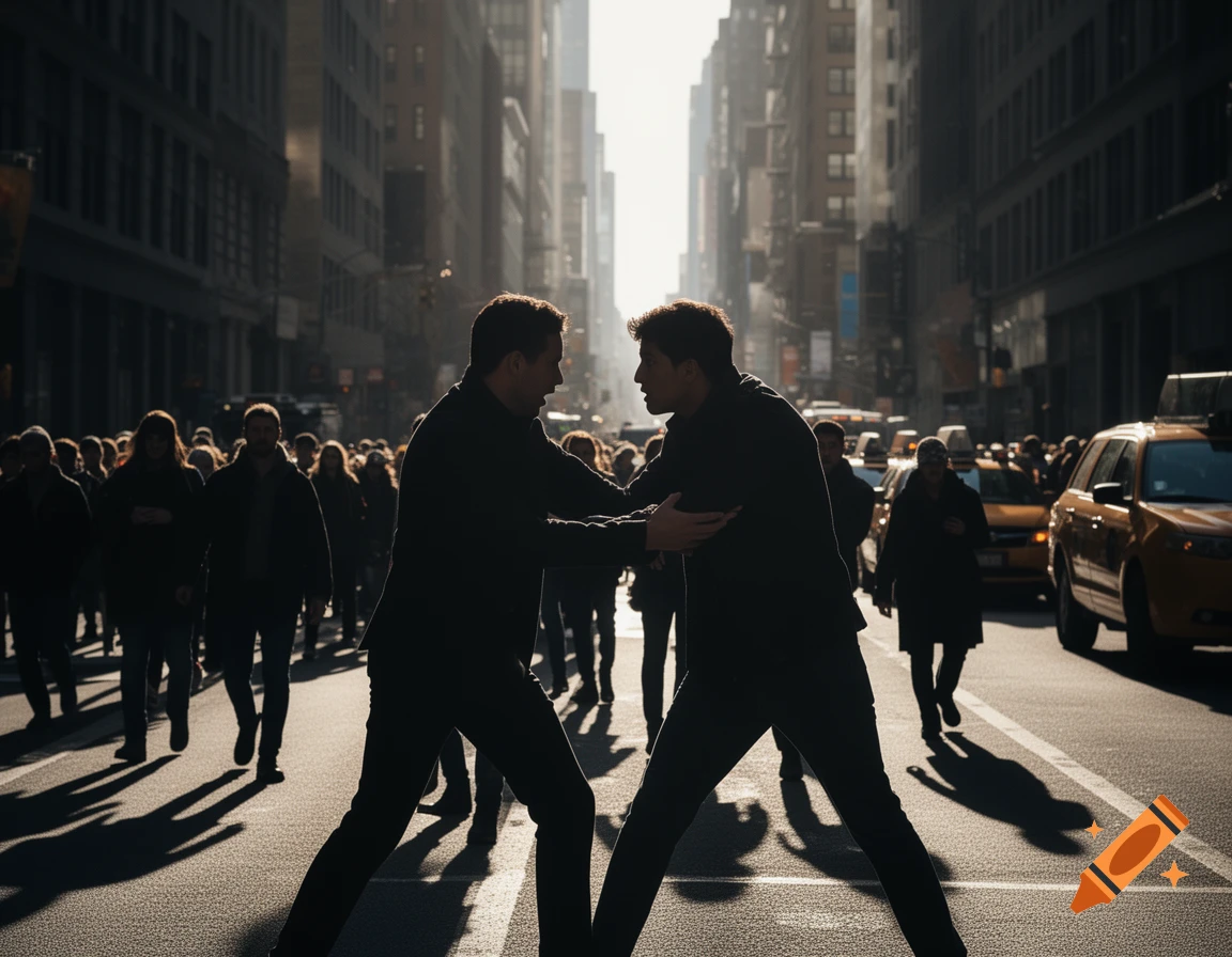 Two men in dark clothing interact on a busy, dramatically lit city street with pedestrians and yellow taxis.
